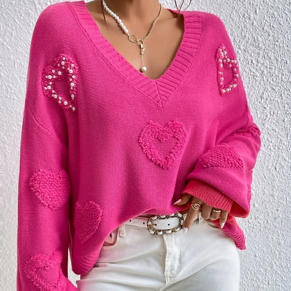 Pink Casual Womens Pearls Heart Detail V-neck Drop Shoulder Sweater - Picture 1 of 5